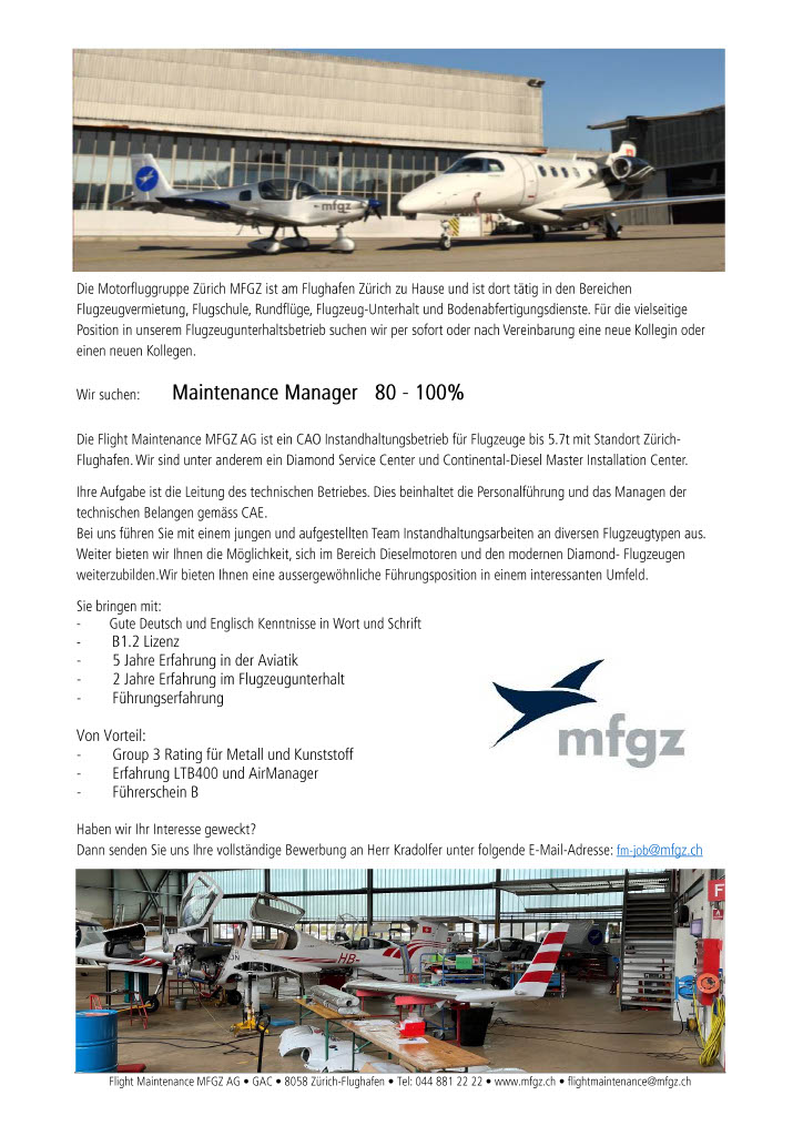 MFGZ Stelleninserat - Maintenance Manager